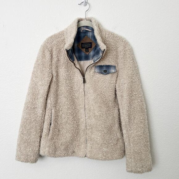 [Pendleton] Cream Full Zip Flannel Flap Pocket Fleece Sherpa Jacket Size Small S - Picture 1 of 12